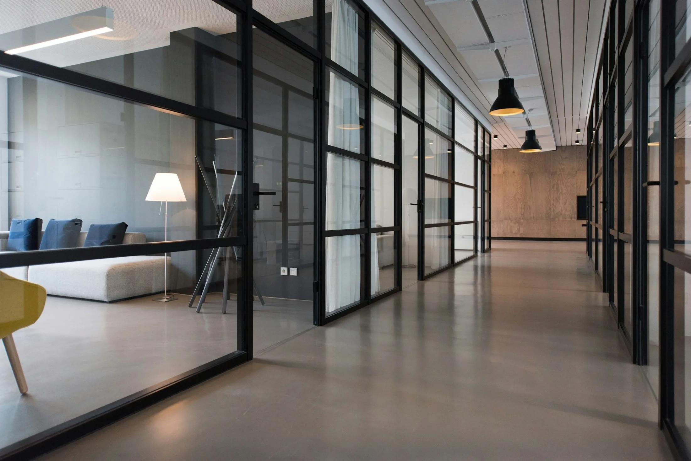 Bright contemporary interior with timber and glass walls