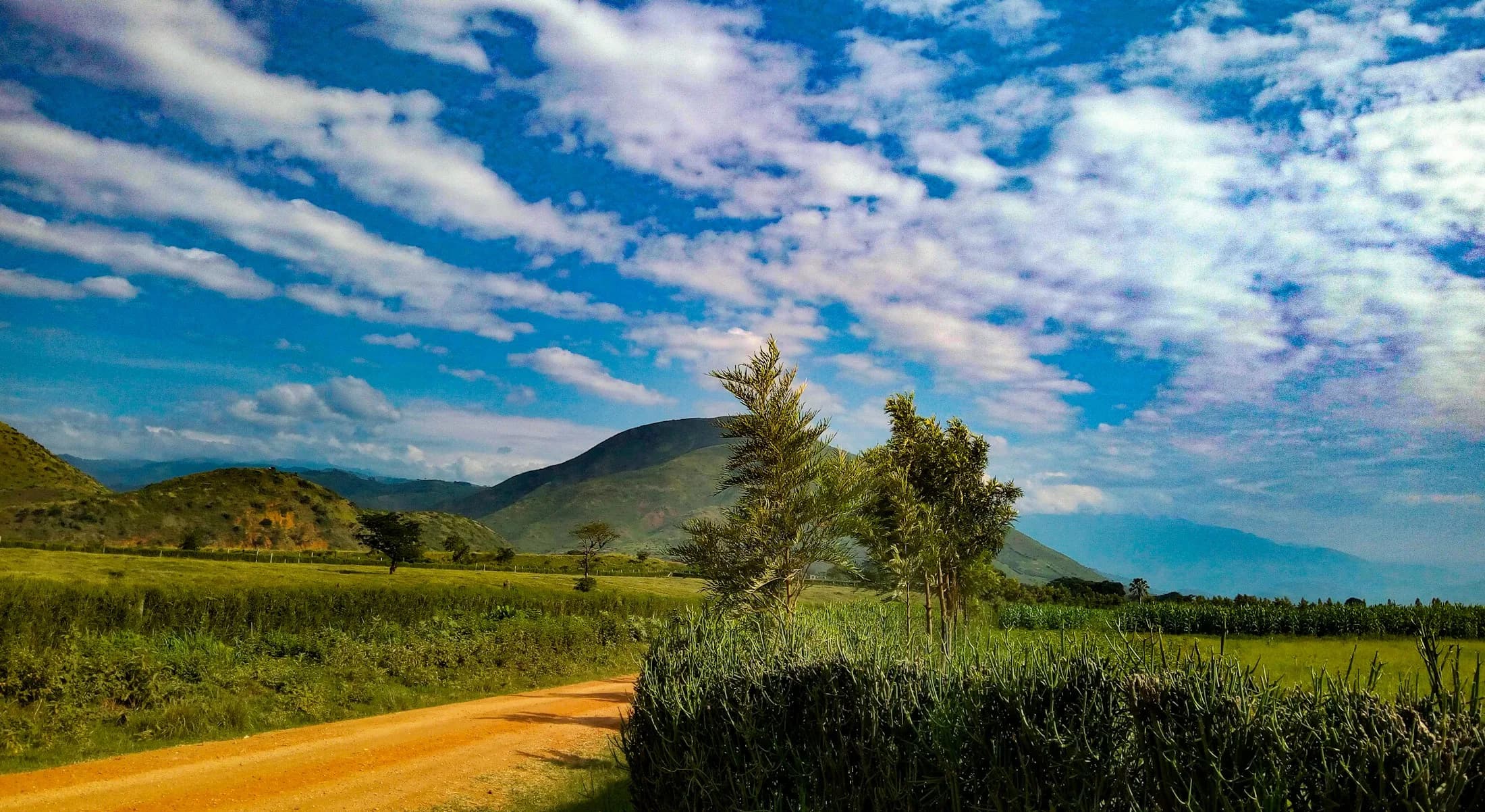 Green hills and a lake in western Uganda