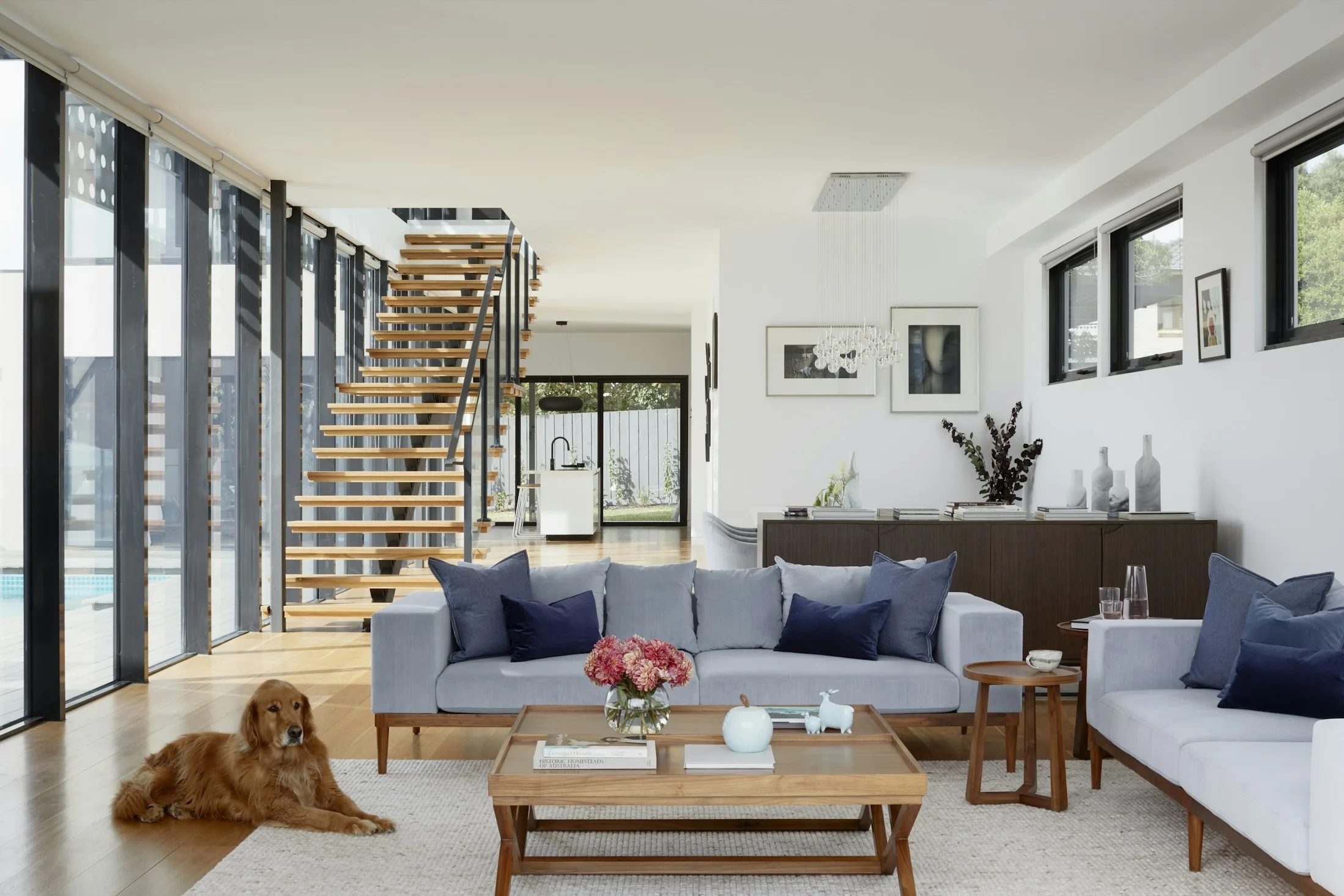 Open-plan living and dining space with garden views