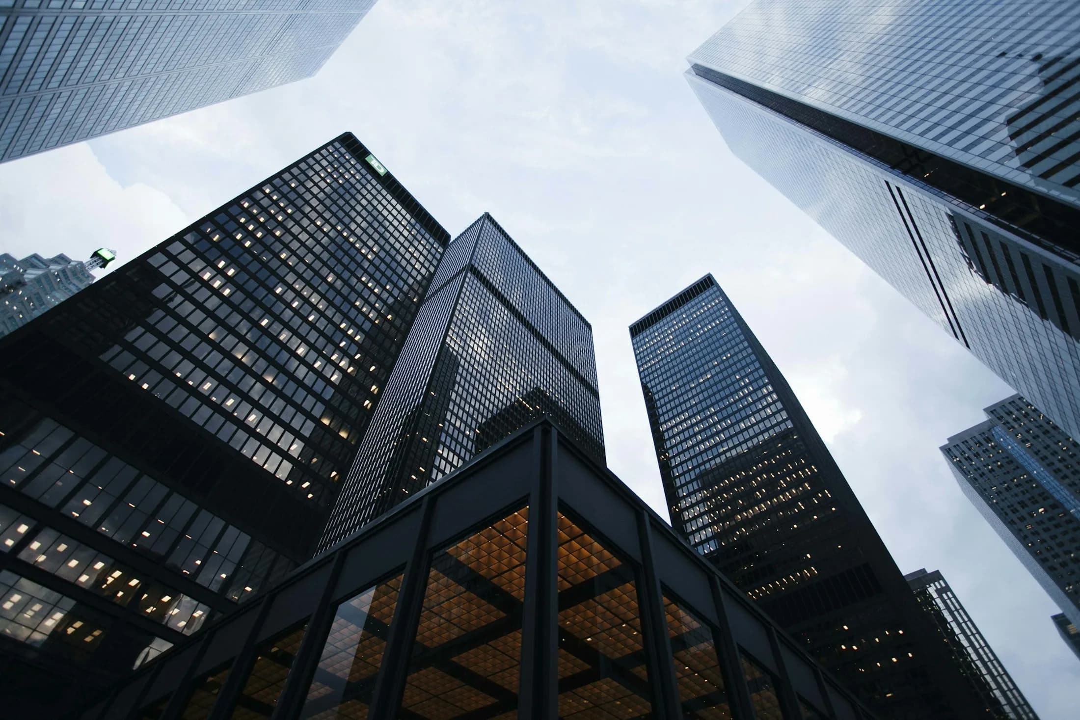 Low-angle view of a modern high-rise office tower